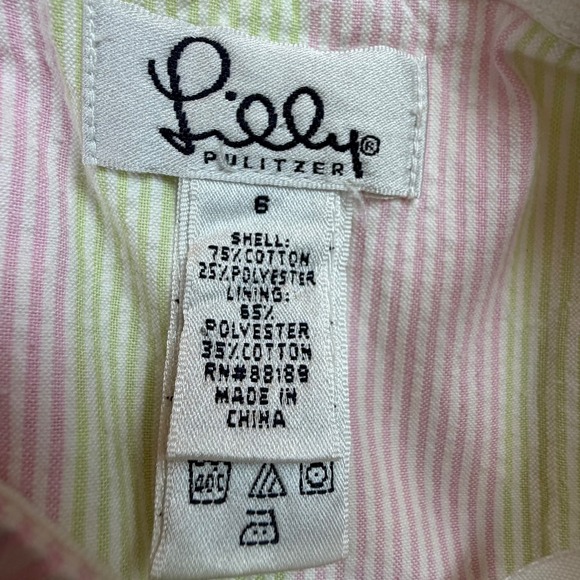 Lilly Pulitzer Sienna Pink Lime Green Striped Seersucker Strapless Floral Sz 6 - Picture 2 of 8